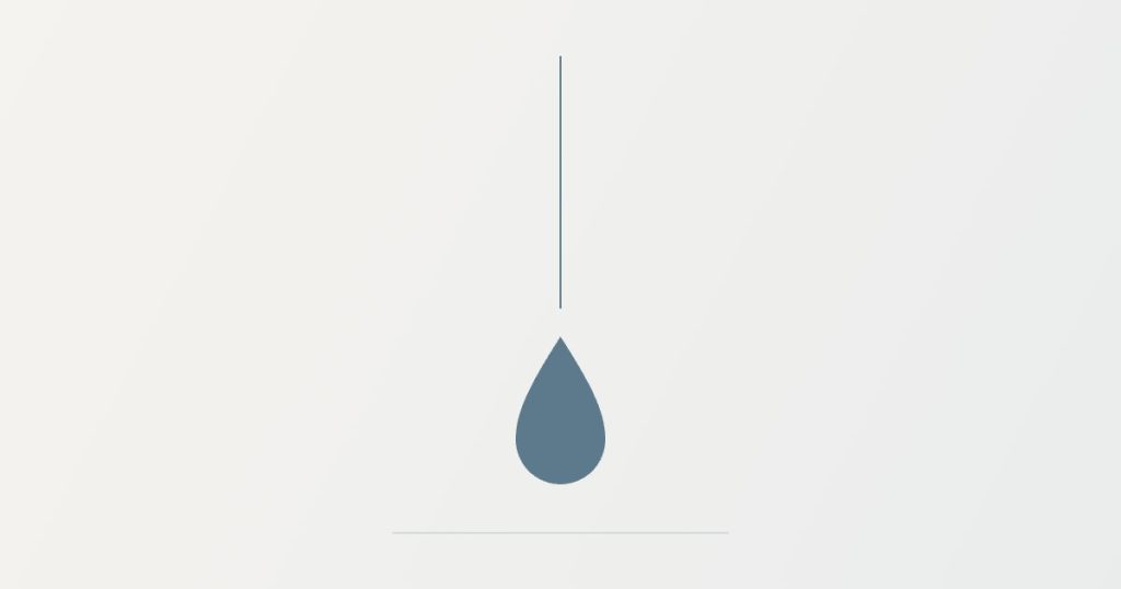 Linha vertical fina e gota em azul-acinzentado sobre fundo off-white