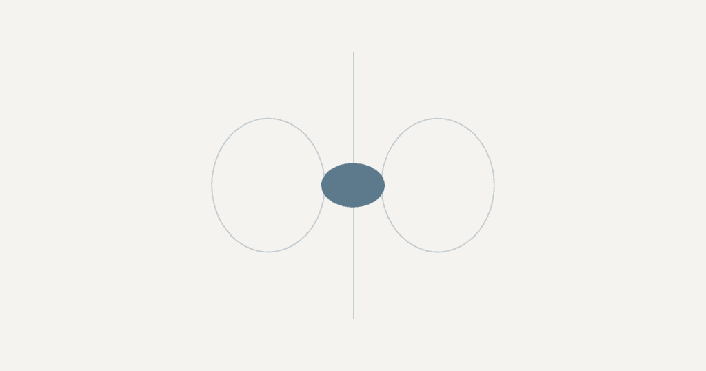 Dois círculos separados por uma linha vertical, com elemento central em azul-acinzentado