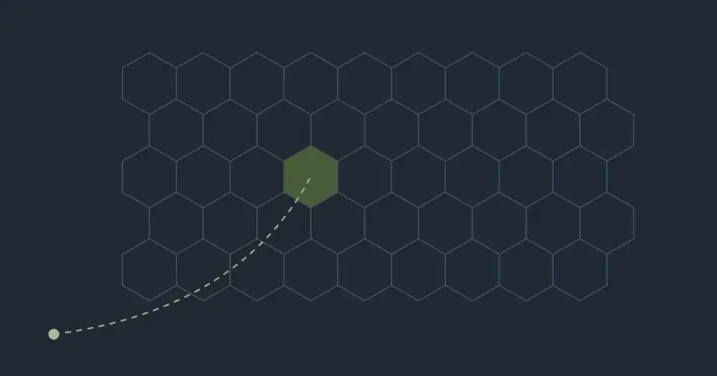 Mapa de hexágonos em grafite com um território destacado em verde-musgo e uma linha tracejada chegando de fora
